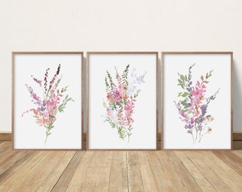 Wildflower Prints, Watercolor Flowers, Farmhouse Decor, Meadow Grass, Bedroom Wall Decor, Pink Colors, Botanical Greenery Plant Foliage