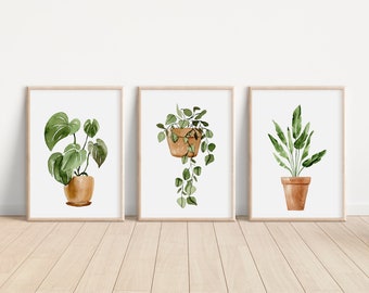 Botanical Print Set, Living Room Wall Art, Home Decor Gift, Houseplant Paintings, Plant Posters, Leaf Prints, Gallery Wall Set, 3 Piece Wall