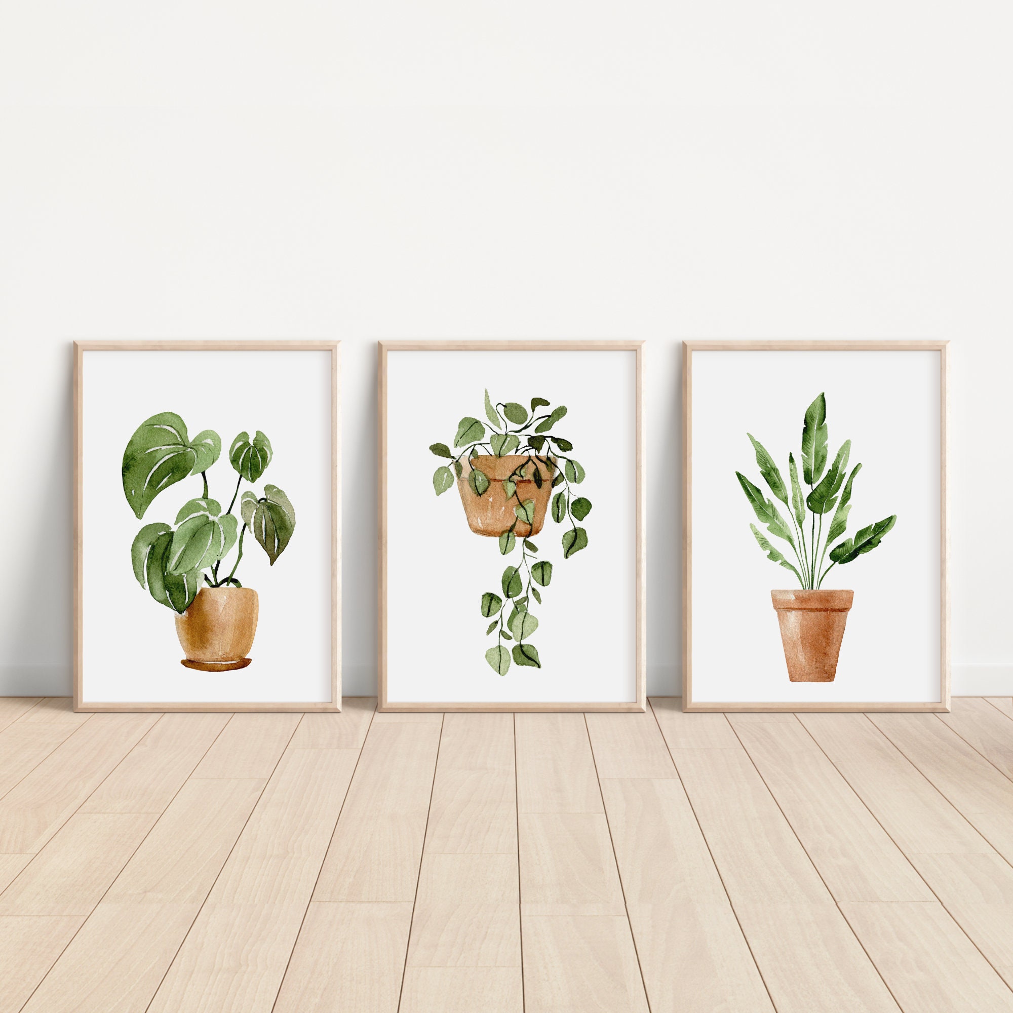 Set of 3 Houseplant Paintings, Botanical Printable Set, Gallery Wall Set, Home Decor Gift, Plant Posters, Leaf Printable, Terracotta pots