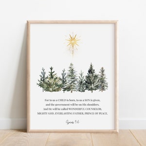 Jesaja 9: 6, Für uns ist ein Kind geboren, Christliche Weihnachtsdekoration, Feiertagsdekoration, Bibel-Vers-Wandkunst, Schrift-Druck, Evergreen Tree Men