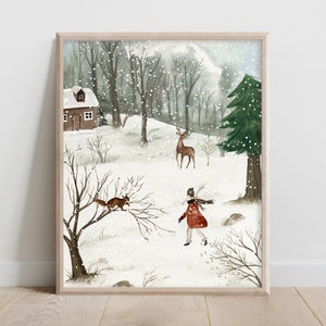 Decoración invernal, País de las Maravillas Invernal, Decoración rústica navideña, Impresión navideña, Escena de nieve, Animales salvajes, Decoración inspirada en la naturaleza, Cabaña con árbol