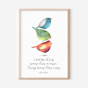 Cita de Maya Angelou: Un pájaro no canta porque tiene una respuesta. Arte mural inspirador. Pájaro en acuarela, trabajador social, terapeuta y consejero.