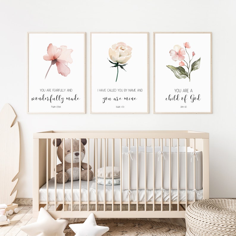 Dusty Rose Quad Scriptures Bible Verse Wall Art, Watercolor Wildflowers, Scripture Print, Baby ...