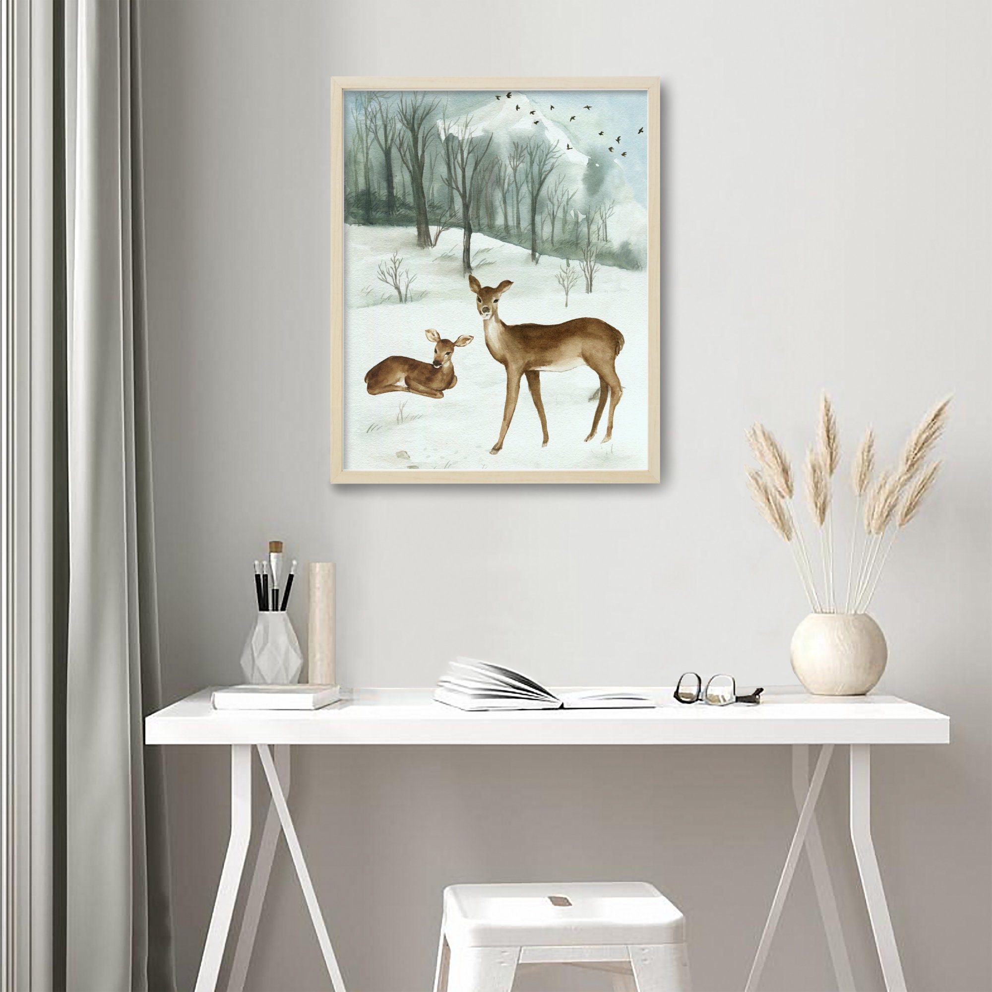 Pintura de ciervo de acuarela decoración de invierno | Etsy