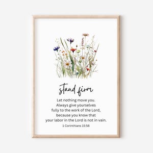1 Korintiërs 15:58, standvastig, laat niets je bewegen, bijbelvers muurkunst, schriftafdruk, christelijk cadeau voor vrouwen, aquarel wilde bloem