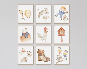 Set of 9 Watercolor Nursery Rhymes, Vintage Nursery Wall Art, Cow Jumped Over the Moon, Mother Goose, Humpty Dumpty, 3 Blind Mice, Children