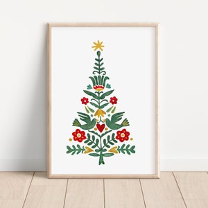 Scandinavian Christmas Print, Watercolor Christmas Tree, Christmas Decoration, Holiday Decor, Norwegian Folk Art Print Swedish Polish Danish