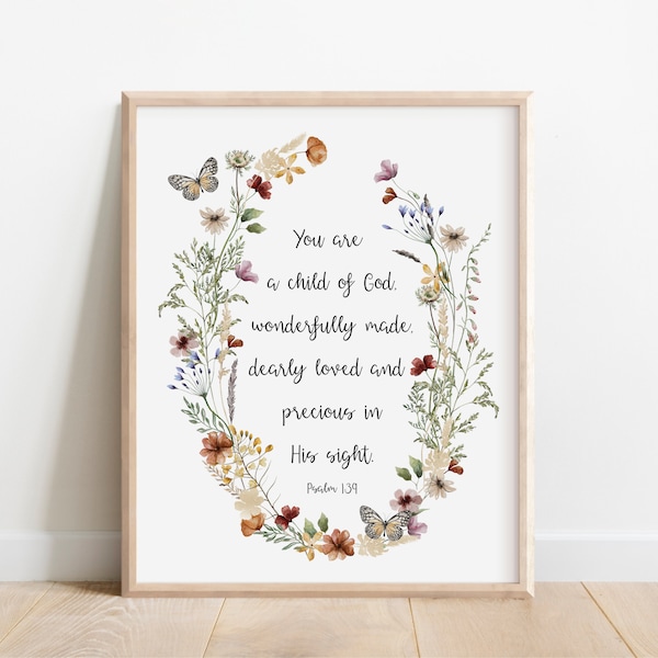 Bible Verse  Wall Art, Scripture Print, Psalm 139:14, Fearfully and Wonderfully Made, You Are a Child of God, Baby Girl Nursery, Prolife