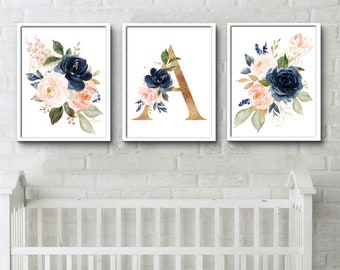 Navy and Blush Wall Art Watercolor Flowers Floral Bouquets | Etsy