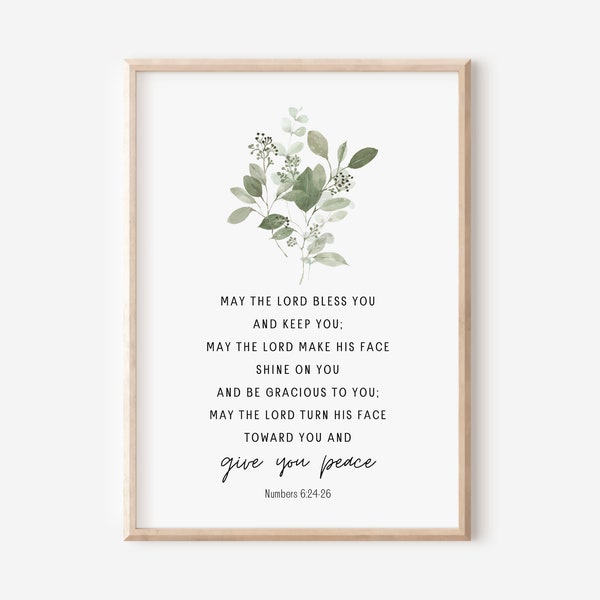 Numbers 6:24-26, May the Lord Bless You, Bible Verse Wall Art, Christian Gift, Scripture Print, Watercolor Eucalyptus Painting, Sage Green