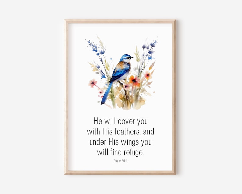 Bluebird With Scripture Psalm 91:4, He Will Cover You With His Feathers, Bible Verse Wall Art ...