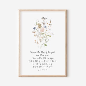 Lucas 12:27, Consideren los lirios del campo, cómo crecen, Arte mural con versículos bíblicos, Regalo cristiano, Impresión de las Escrituras, Flores silvestres en acuarela
