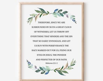 Hebrews 12:1-2, Let us Run with Perseverance the Race Marked Out for Us, Bible Verse Wall Art, Scripture Print, Christian Gift, Watercolor