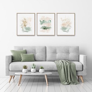 Abstract Painting Set, Triptych Wall Art, Bedroom Wall Decor, Watercolor Print, Blush Pink Gold Green, Pastel Color, Gift for Her Wife image 4