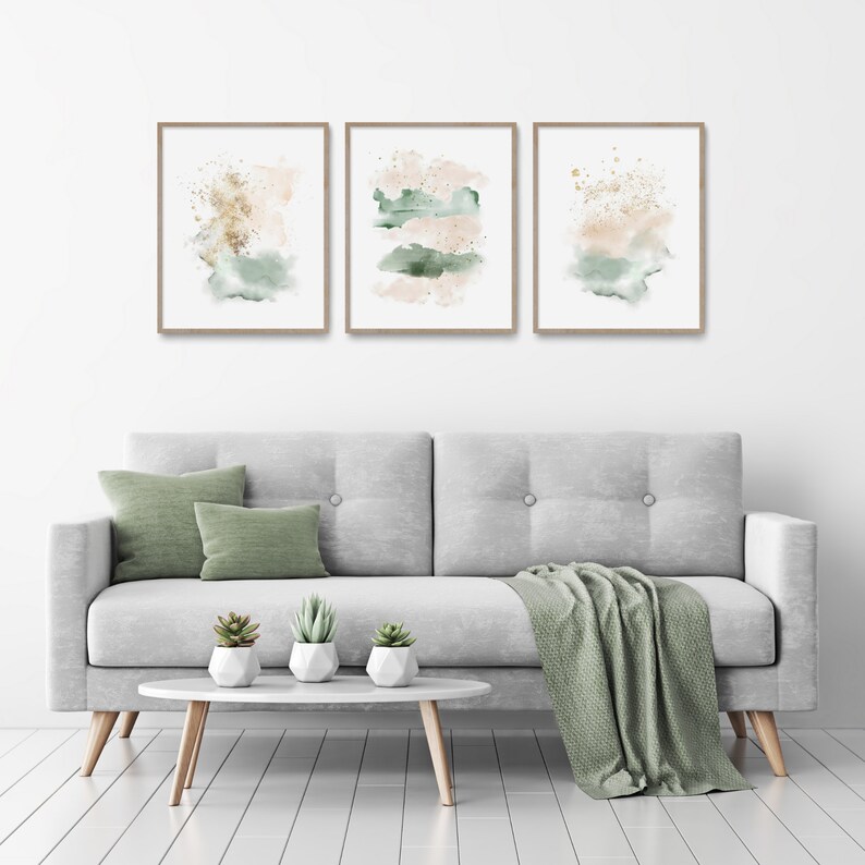 Abstract Painting Set, Triptych Wall Art, Bedroom Wall Decor, Watercolor Print, Blush Pink Gold Green, Pastel Color, Gift for Her Wife image 4