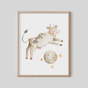The Cow Jumped Over the Moon, Watercolor Nursery Rhyme, Nursery Wall Art, Mother Goose, Gender Neutral Girl, Baby Boy Nursery, Monotone