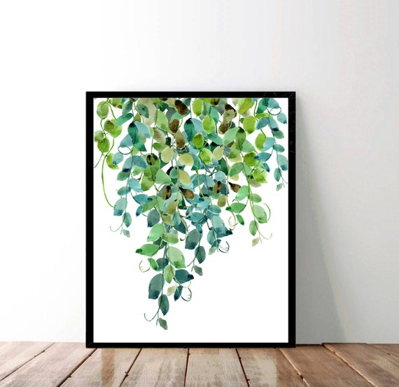 Botanical Print Teal Wall Art Watercolor Ivy Greenery Art Etsy
