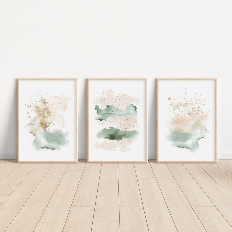 Abstract Painting Set, Triptych Wall Art, Bedroom Wall Decor, Watercolor Print, Blush Pink Gold Green, Pastel Color, Gift for Her Wife image 1