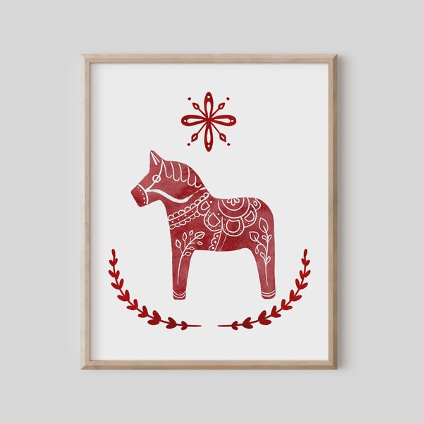 Stampa cavallo rosso Dala, cavallo svedese, arte popolare scandinava, regalo svedese, decorazioni natalizie, decorazioni natalizie, polacco norvegese, soggiorno