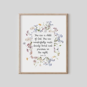 Salmo 139, Eres un hijo de Dios, Arte mural con versículos bíblicos, Decoración para habitación de niña, Regalo cristiano para mujer, Impresión de las Escrituras con acuarela y flores silvestres