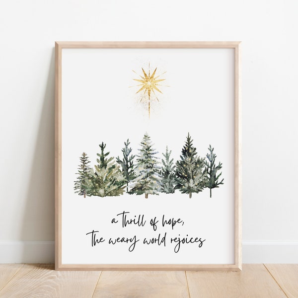 A Thrill of Hope, Christian Christmas Decor, Rustic Holiday Decor, Watercolor Painting, Winter Evergreen Trees Forest Snow, Gift for Men Him