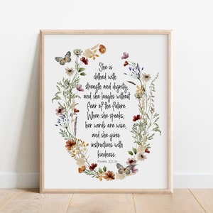 Proverbs 31:25, She is Clothed with Strength and Dignity, Bible Verse Wall Art, Christian Gift for Women, Scripture Print, Watercolor Floral