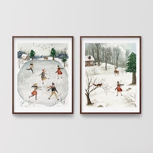 Maravillas invernales, decoración navideña, impresiones navideñas en acuarela, arte popular caprichoso, juego de 2 dípticos, regalo de decoración del hogar, árbol de nieve con patinaje sobre hielo