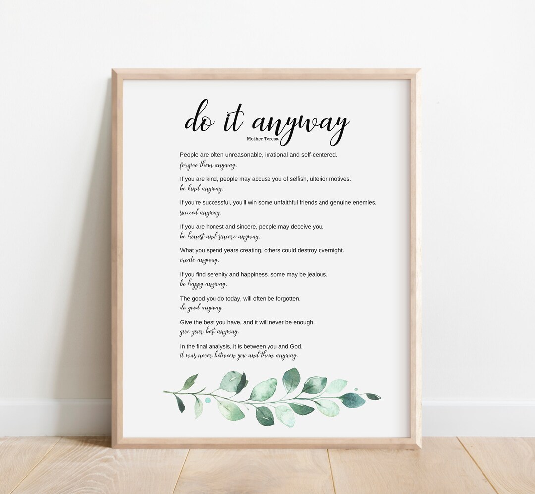 Mother Teresa Quote, Do It Anyway, Motivational Poster, Inspirational
