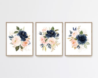 Navy and Blush Wall Art Watercolor Flowers Floral Bouquets | Etsy