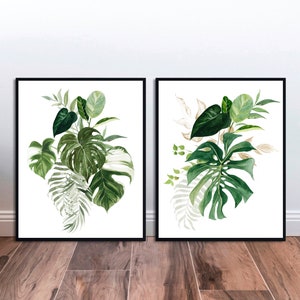 Tropical Leaves, Monstera Print, Botanical Print Set, Plant Poster, Leaf Print, Tropical Decor, Watercolor Painting, Living Room Wall Art