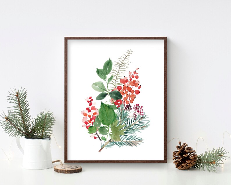 Leaf Print Winter Greenery Red Berries Evergreen Art Botanical Print Set Home Decor Gift Foliage Plant Poster Gallery Wall Set