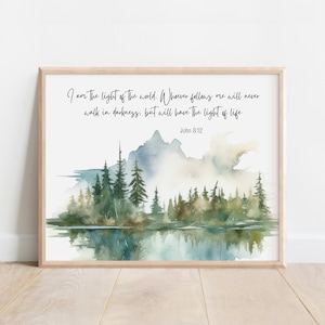 John 8:12, I am the Light of the World, Bible Verse Wall Art, Christian Gift Idea, Watercolor Landscape, Baptism Gift, Light of Life 16x20