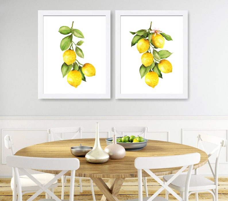 Watercolor Lemon Prints Lemon Kitchen Decor Kitchen Wall Etsy