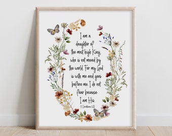 I am the Daughter of a King, Christian Nursery Decor, Kids Bible Verse  Wall Art, Scripture Print, Watercolor Wildflower, Baby Girl Nursery