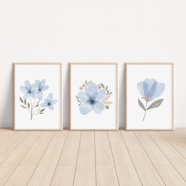 Sky Blue Flowers, Boho Nursery Decor, Baby Girl Nursery Wall Art, Semi Transparent, Dried Pressed Flower, Watercolor Painting, Iced Light