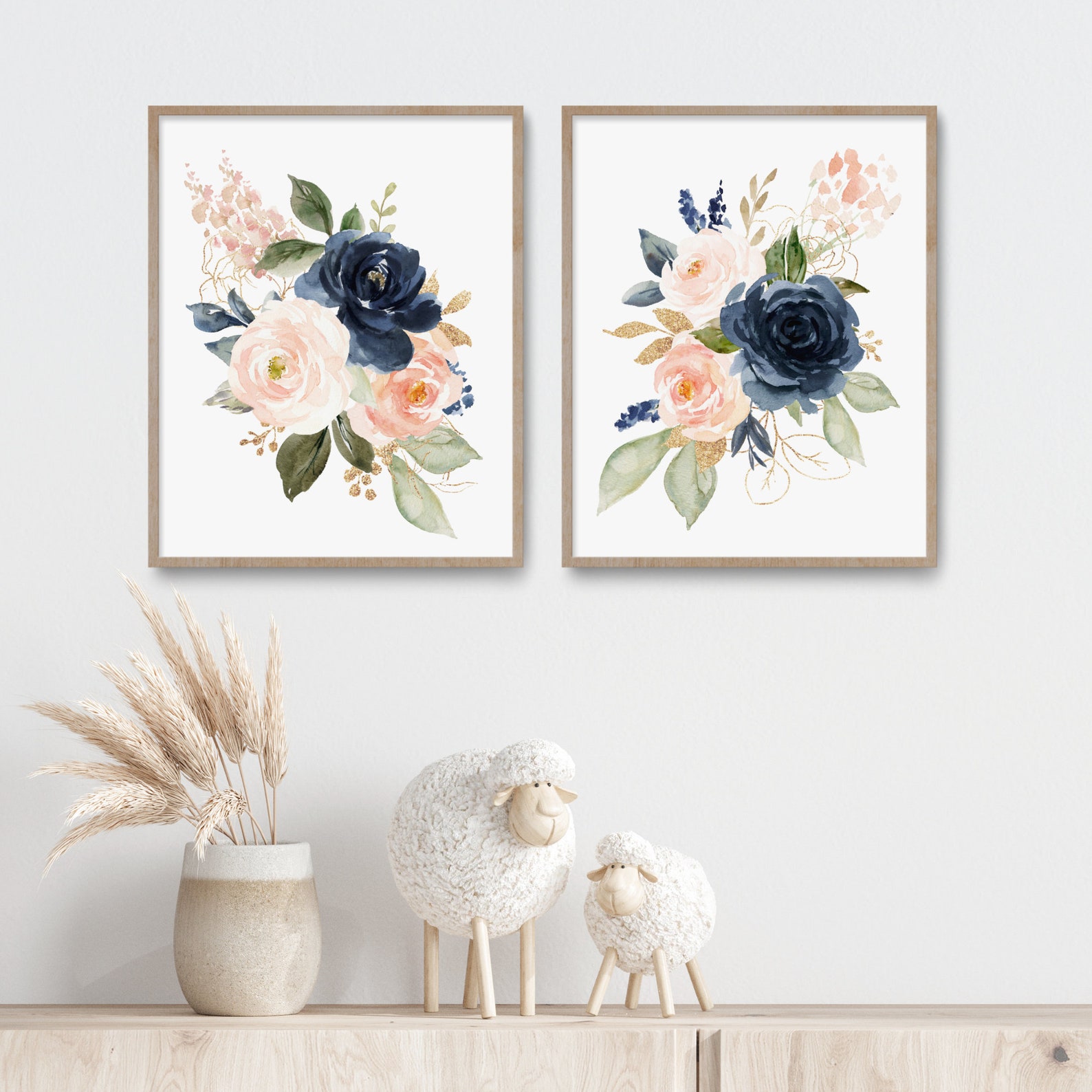 Navy and Blush Wall Art Watercolor Flowers Floral Bouquets - Etsy