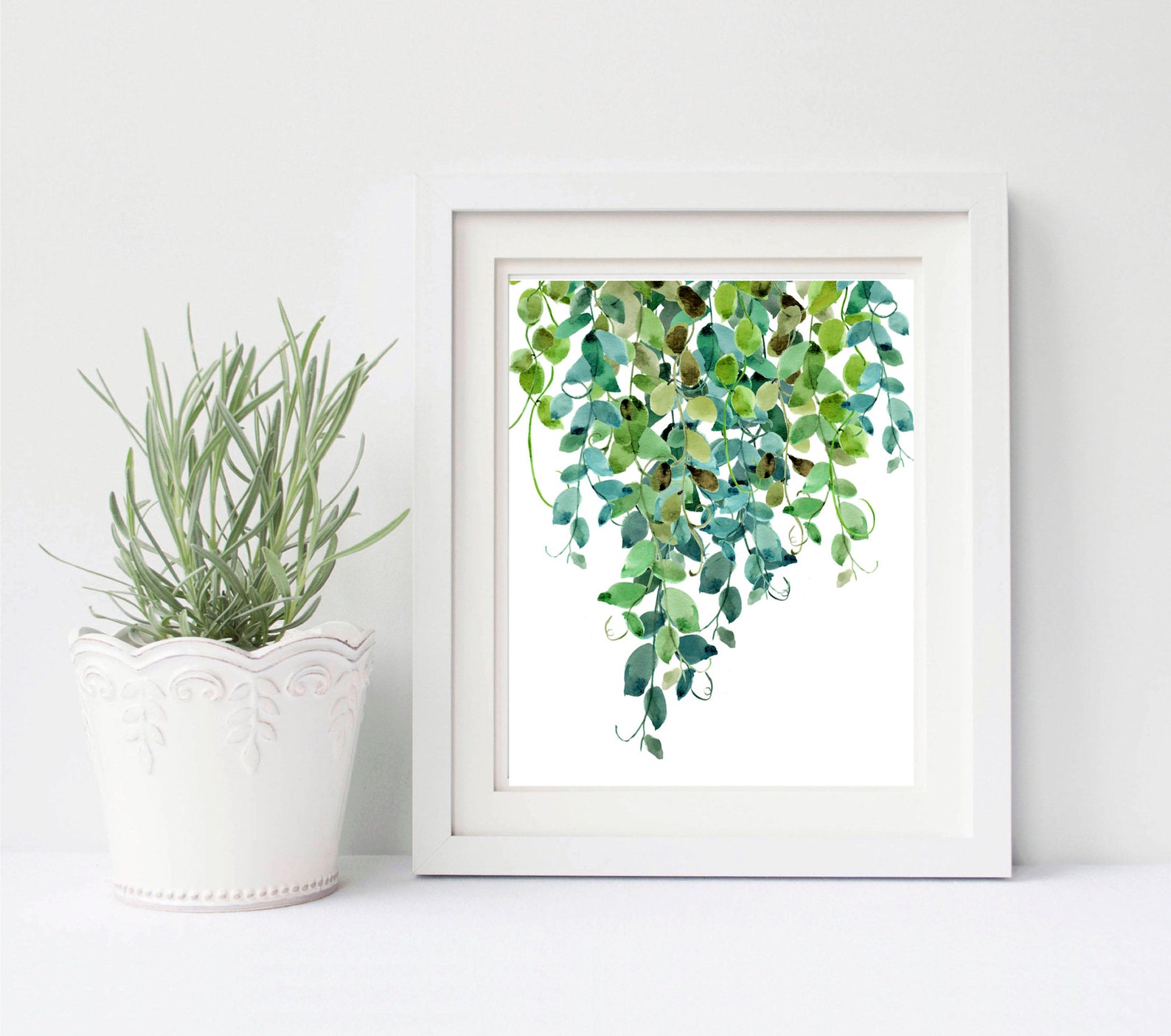 Botanical Print Teal Wall Art Watercolor Ivy Greenery Art Etsy