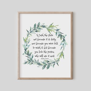 Wash the Plate, Mother Teresa Quote, Inspirational Wall Art, Kitchen Decor, Christian Gift, Printable Artwork, Watercolor Eucalyptus Wreath