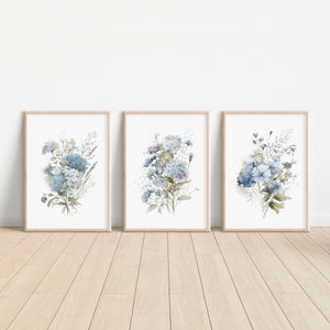 Light Blue Hydrangea Prints, Wildflower Bouquet, Watercolor Flowers, Bedroom Wall Decor, Ice Blue Rose, Home Decor Gift, Mothers Day Gift