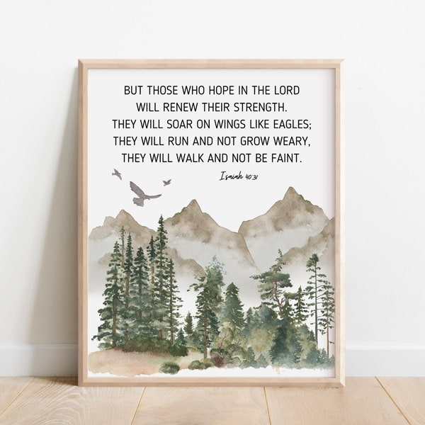 Isaiah 40:31, Bible Verse Wall Art, Scripture Print, Hope in the Lord, Watercolor Landscape, Eagle Painting, Christian Gift for Men, Bedroom