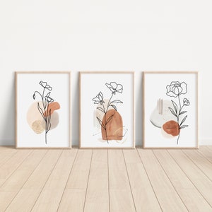 Abstract Painting Set, Extra Large Wall Art Abstract, Floral Line Art, Liviing Room Wall Art, Black Lines Modern, Home Decor Gift Terracotta