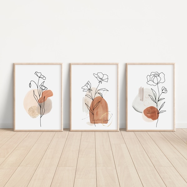 Abstract Painting Set, Extra Large Wall Art Abstract, Floral Line Art, Liviing Room Wall Art, Black Lines Modern, Home Decor Gift Terracotta