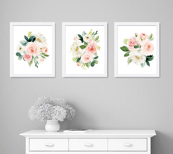 Blush pink floral wall art Girly wall decor Watercolor peony print rose ...