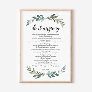 Do It Anyway, Mother Teresa Quote, Motivational Poster, Inspirational Wall Art, Graduation Gift, Minimalist Typography Print, Watercolor
