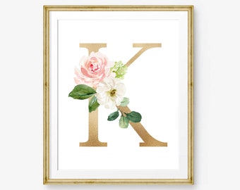 Boho Nursery Name, Baby Shower Gift, Baby Girl Wall Art, Personalized Prints, Blush Pink and Gold, Floral Initial Painting, Custom Monogram