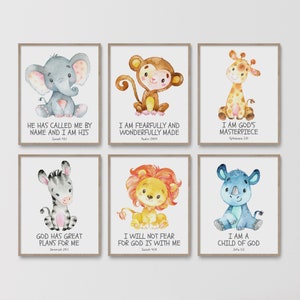 Christian Nursery Decor, Kids Bible Verse Wall Art, Watercolor Animals, Scripture Print, Baby Boy Nursery, Safari Jungle, Sunday School