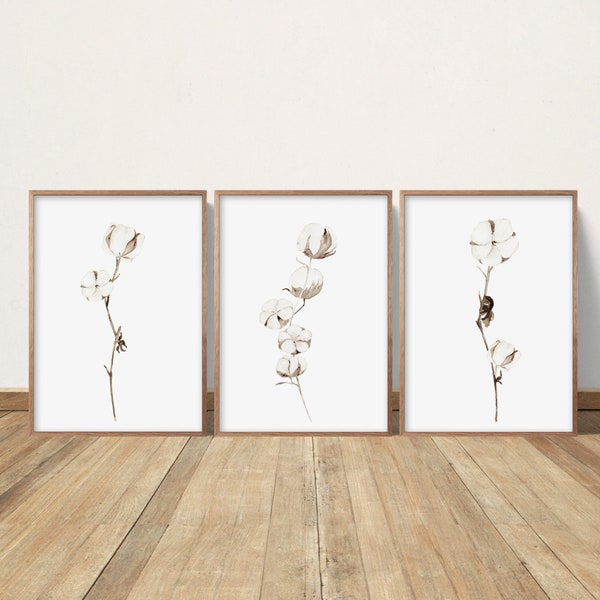 Watercolor Cotton Paintings, Minimalist Art, Cotton Boll, Farmhouse Decor, Living Room Wall Art, Bedroom Wall Decor, Botanical Print