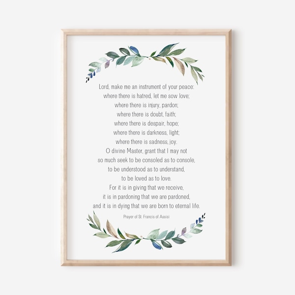 Prayer of St. Francis of Assisi, Lord Make Me an Instrument of Your Peace, Inspirational Wall Art, Christian Gift, Watercolor Eucalyptus