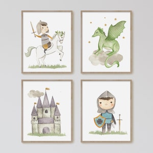 Conjunto de 4 acuarelas de cuentos de hadas, caballero, castillo, dragón, Érase una vez, arte de pared para habitación de bebé niño, decoración de habitación de niño, juego de pared de galería, caballo