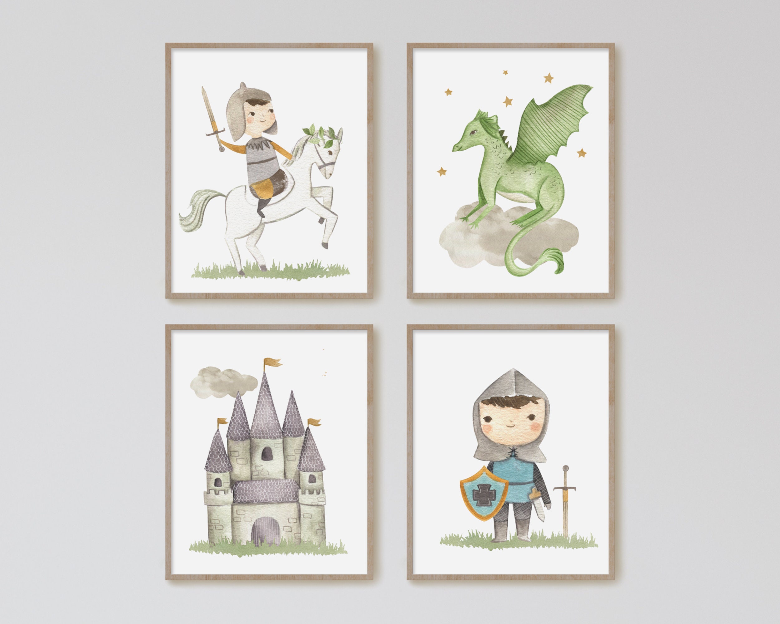 Custom Name Print, Medieval Digital Print, Knight and Castle Set of 3,  Personalized Nursery Wall Art, Kids Room Decor 